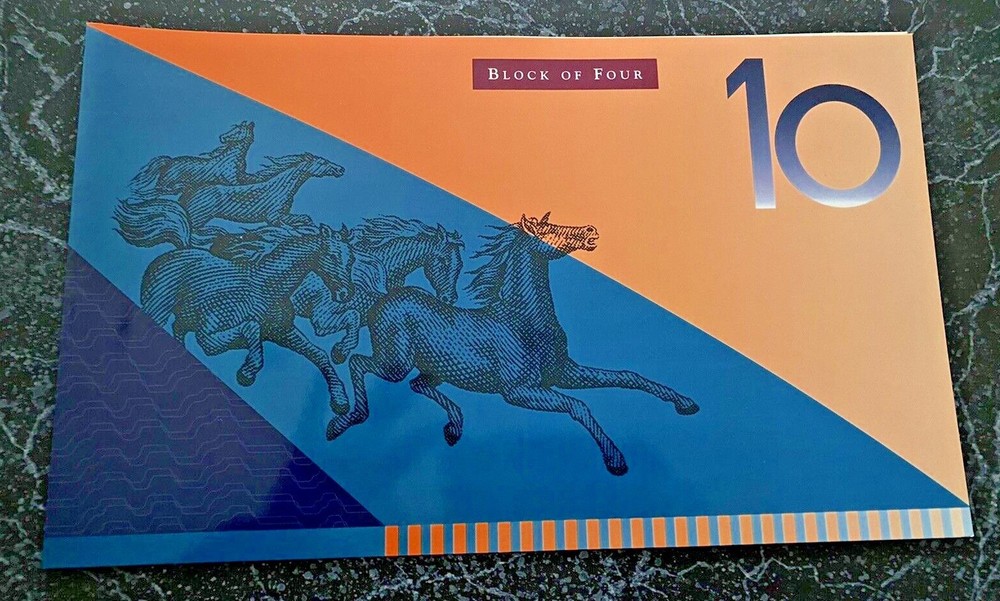 AUSTRALIA LAST PREFIX $10 DF97 MACFARLANE/EVANS UNC RED BLOCK 4 UNCUT FOLDER .