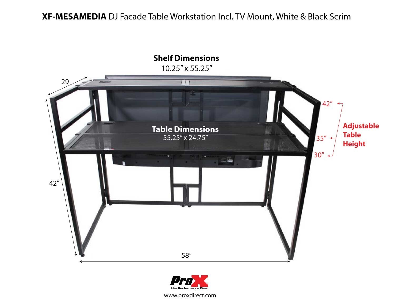 ProX XF-MESA MEDIA Portable DJ Facade Table Station with TV Mount, Scrims & Bag
