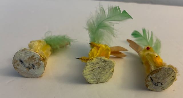 Vintage Set of 3 Chenille Yellow Easter Bunny Rabbits w/Carrot & Feathers Japan