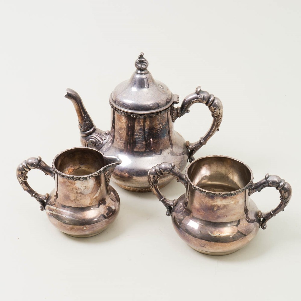 3-pc Antique Poole Silver Co. Quadruple Plate Coffee Pot Set Creamer & Sugar 906