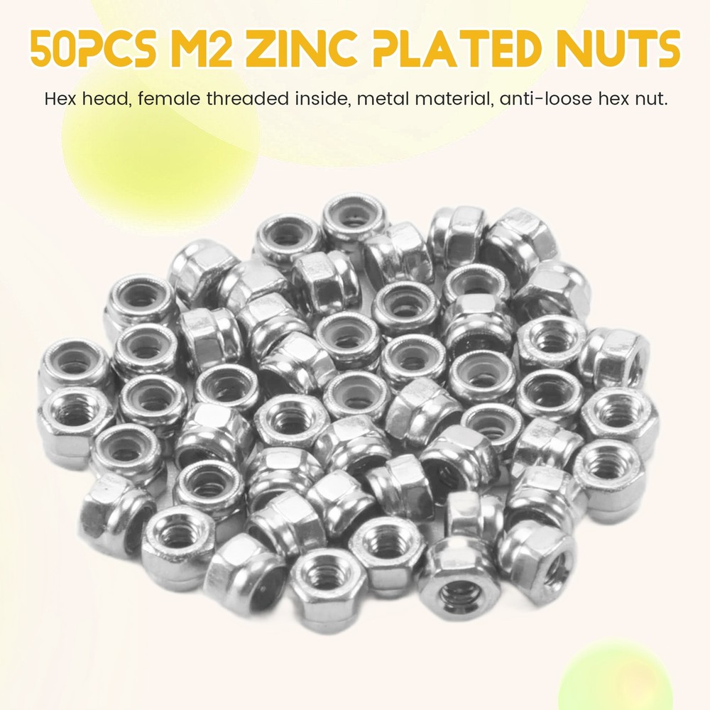 50pcs M2 Zinc Plated Self-Locking Nylon Insert Hex Lock Nuts B7E52744