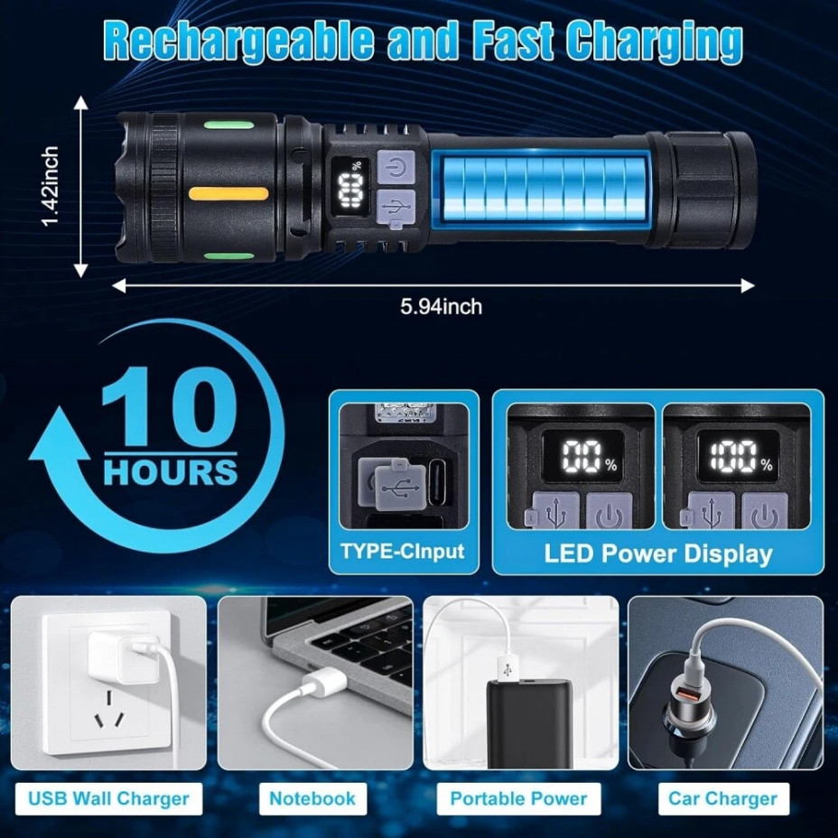 2*99000000 Lumens Super Bright LED Tactical Flashlight Rechargeable Work Light+