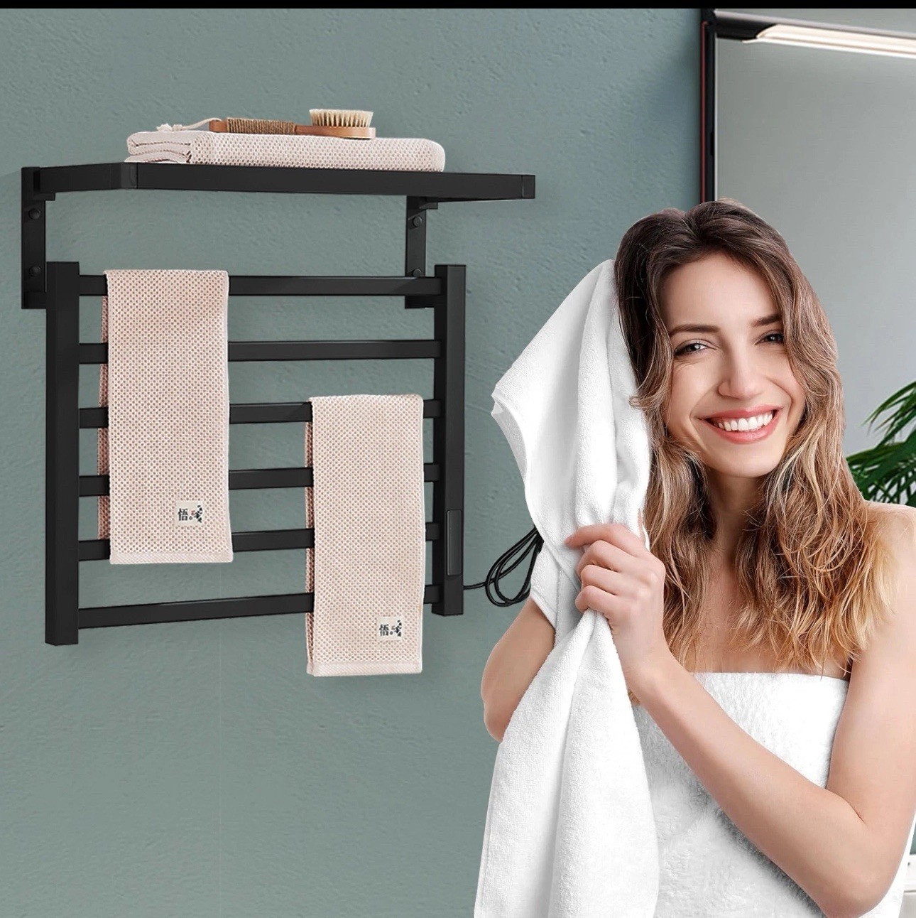 Black Heated Towel Rack Wall Mount Towel Warmer Bathroom Electric Towel Rack set