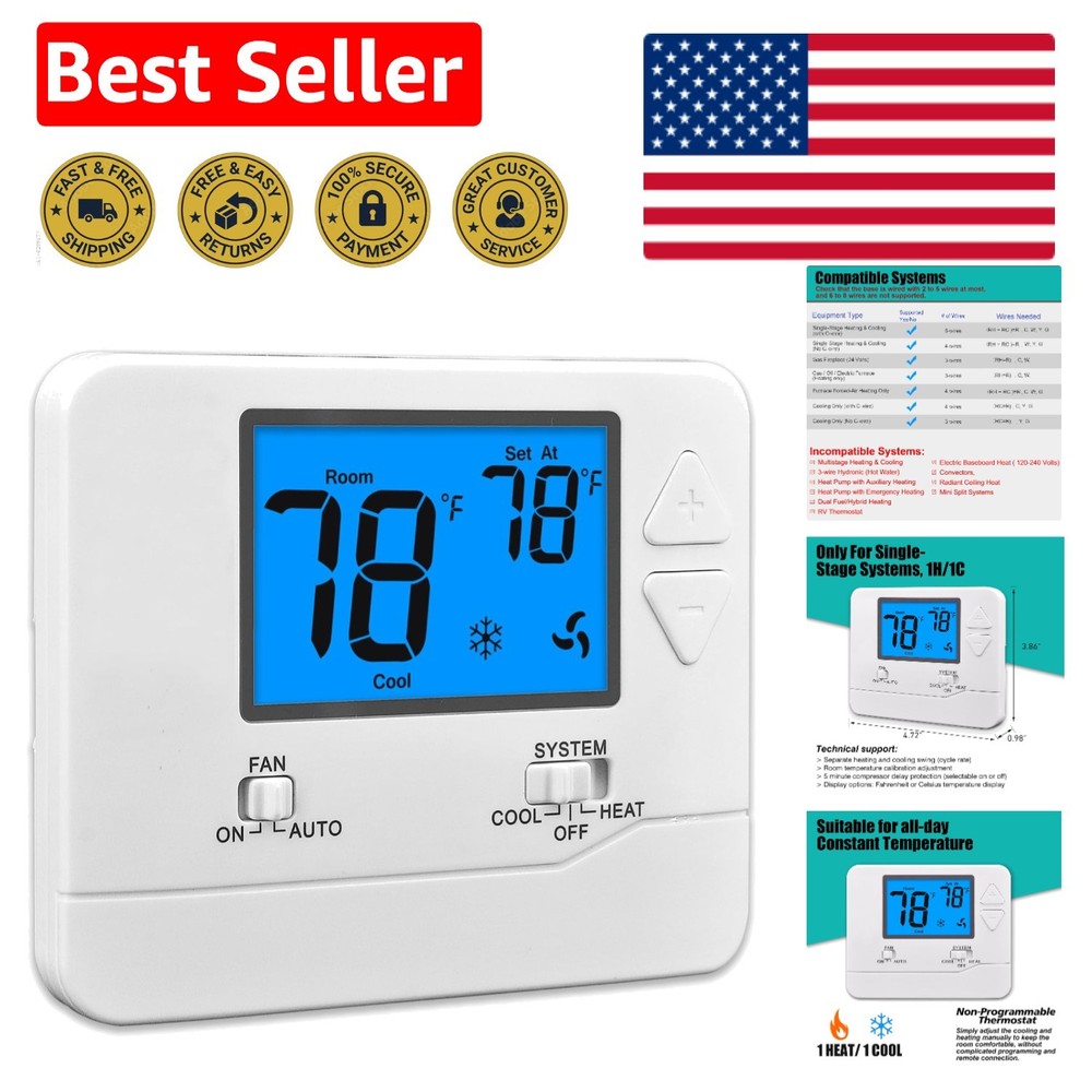 Non-Programmable LCD Thermostat with Blue Backlight for Easy Temperature Control