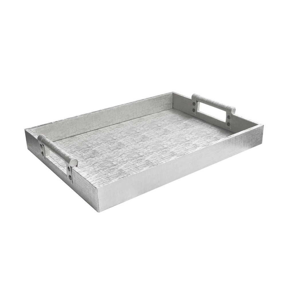 American Atelier Leather Rectangle Serving Tray with Handles-Silver Large