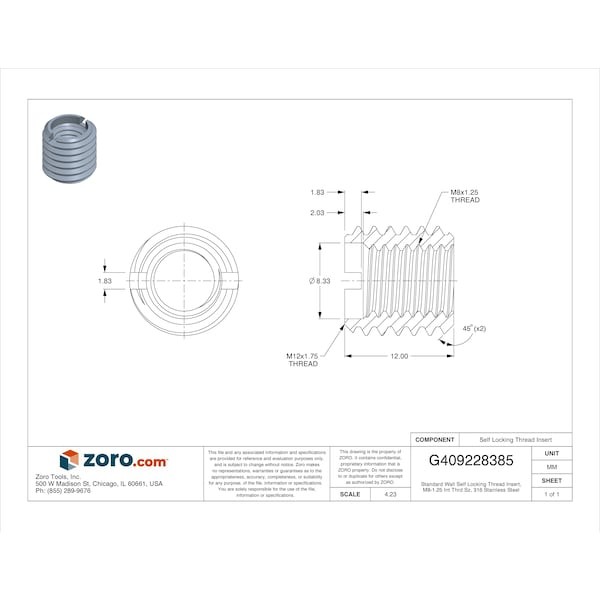 Standard Wall Self Locking Thread Insert, M8-1.25 Int Thrd Sz, 316 Stainless