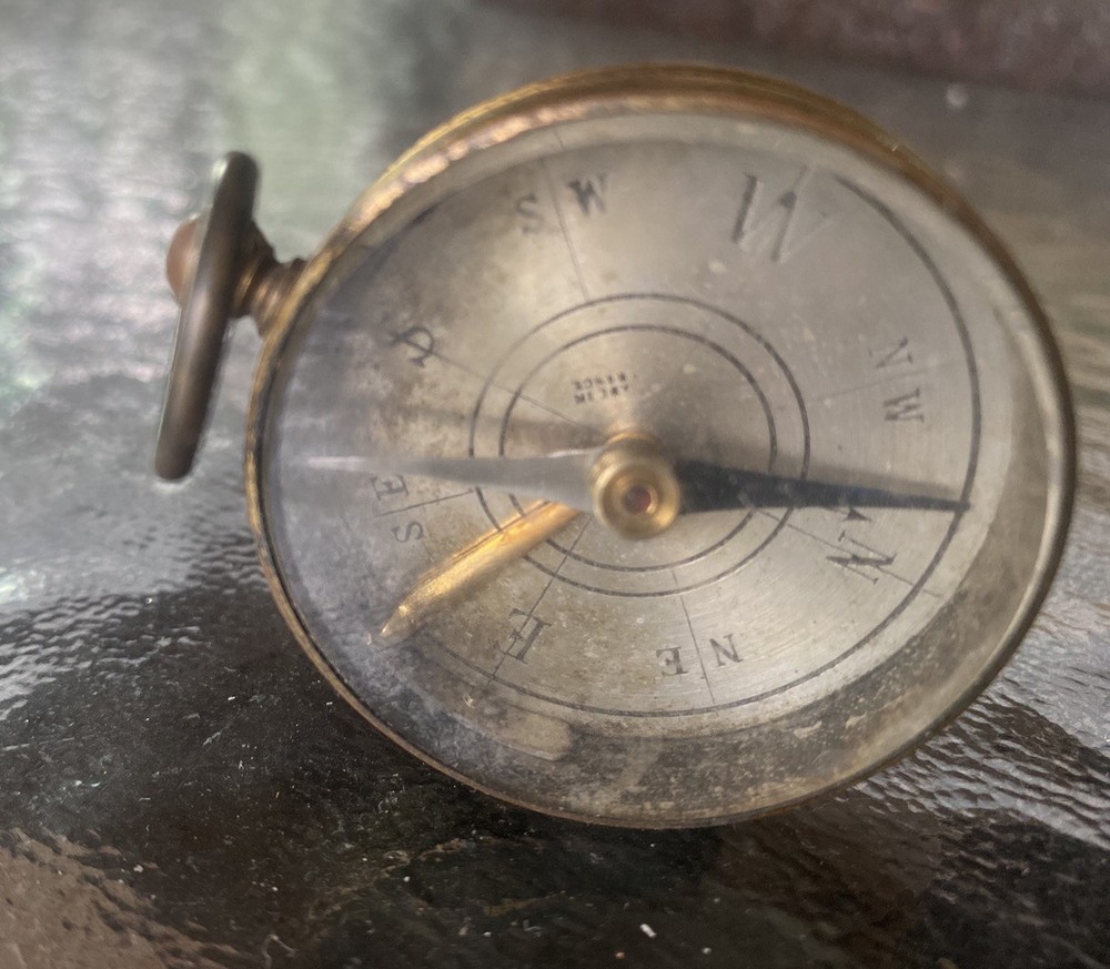 Antique Brass Pocket Compass | Locking Needle | Silver Directional Points
