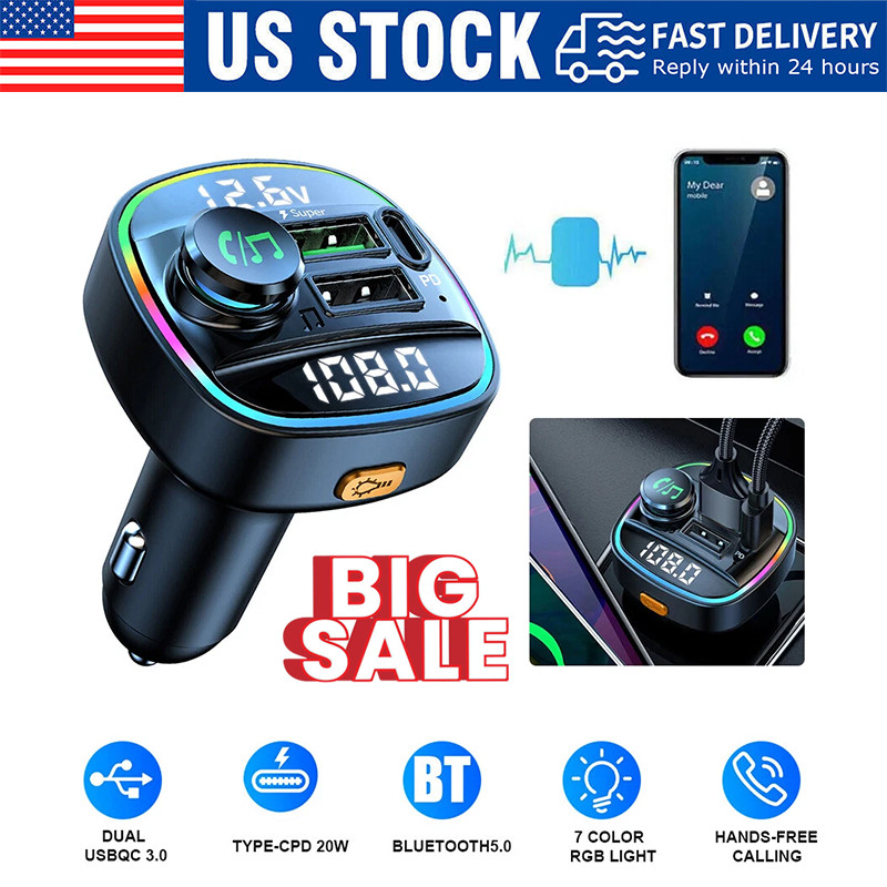 Bluetooth 5.0 Car Wireless FM Transmitter Adapter USB PD Charger AUX Hands LOT