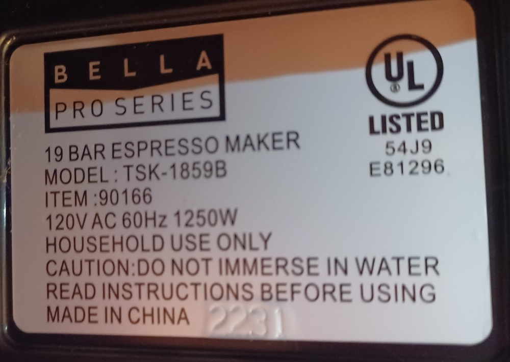 Bella Pro Series 19 Bar Espresso Maker TSK-1859B InGood Condition