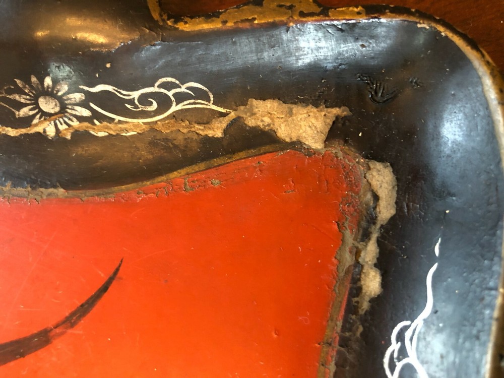 Antique Japanese Laquerware Rectangular Tray With Hand Painted Rooster