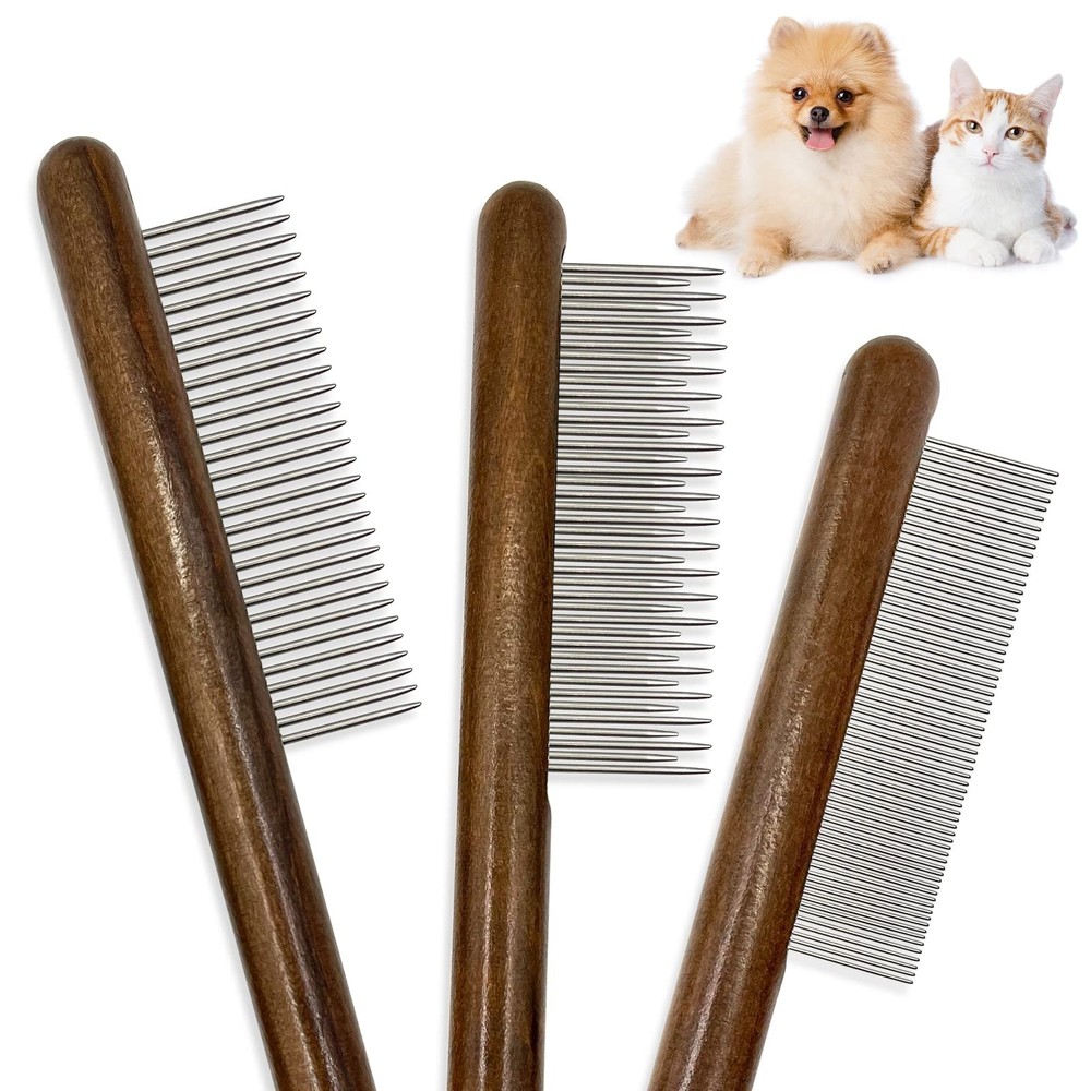 ZKKZOMA 3 Pack Solid Wood Cat Combs, Stainless Steel Teeth for MIX-3PCS