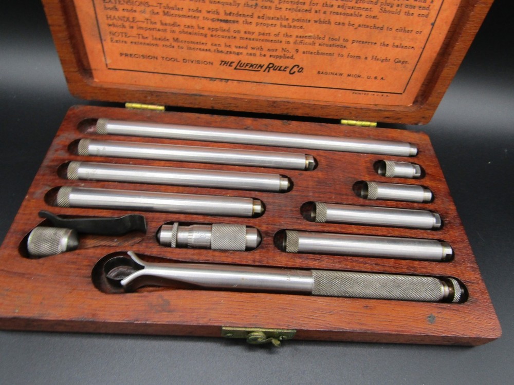 Vintage The Lufkin Rule Co. Inside Micrometer Set Precision Tool Division Wood