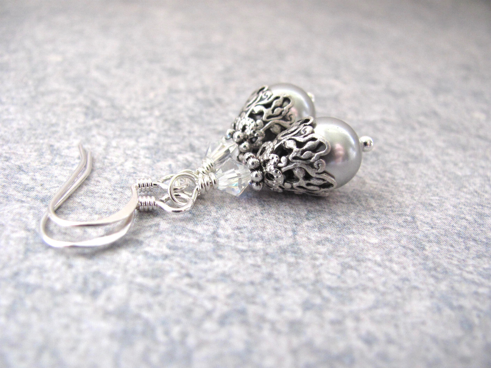 Silver Gray Crystal Pearl Earrings Birthday Wedding Gift Birthday Holiday Party
