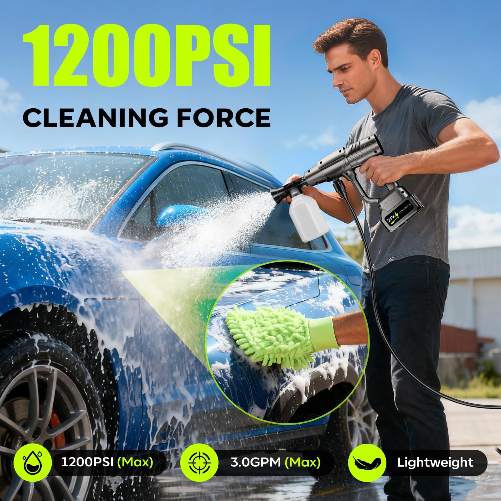 Pistola de Presión Agua 1200 PSI Cordless Car Washer with Hose