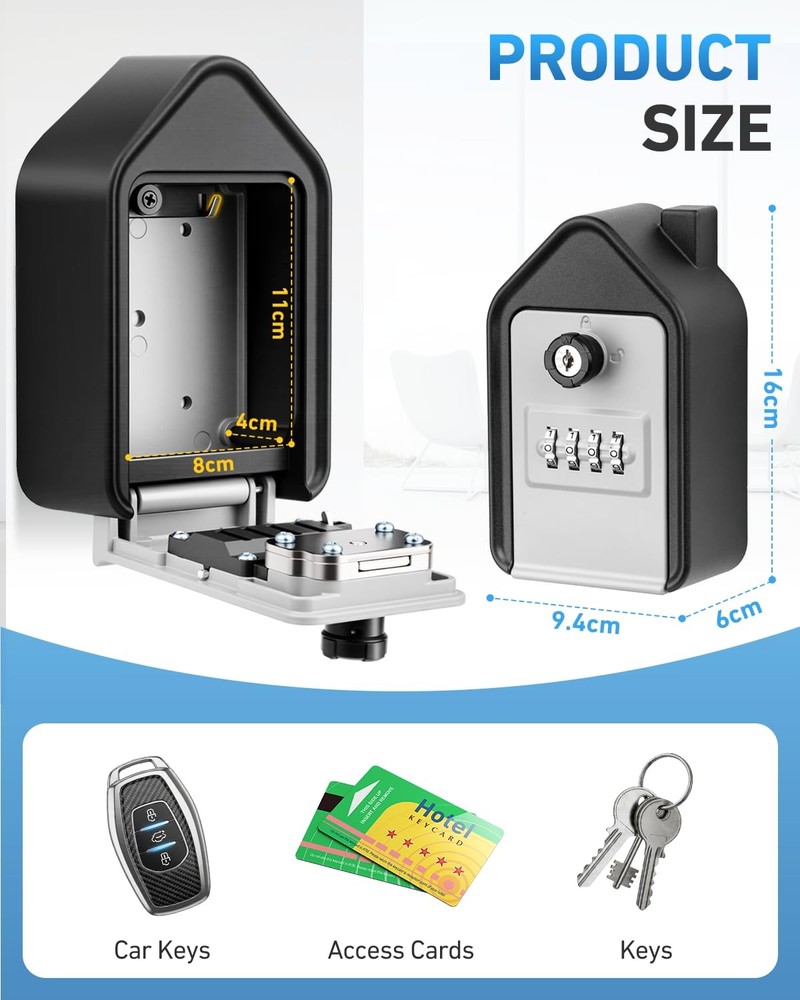 Wall Mounted Lock Box, Large Key Lock Box with Key, 4-Digit Combination Lock,...