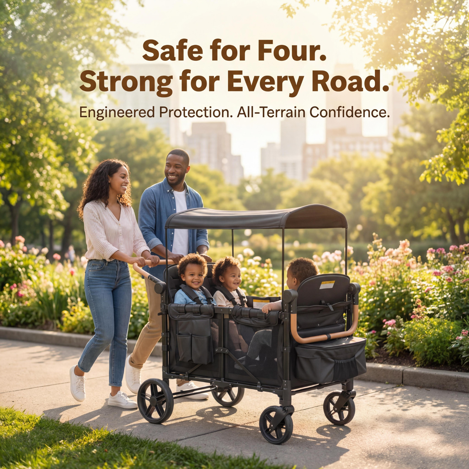 Wagon Stroller w/ Canopy 4 seater Push Pull Quad Collapsible Stroller 330LBS