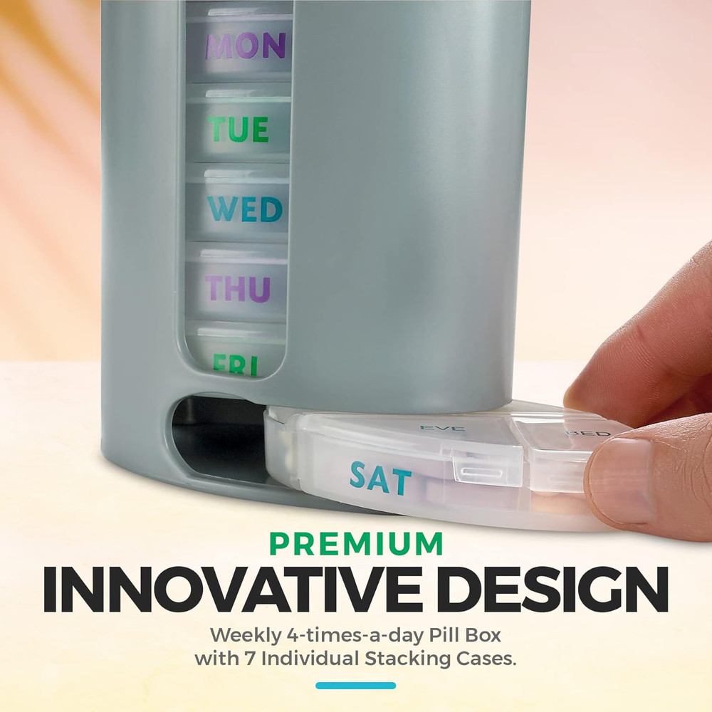 Weekly Pill Organizer, 1 Dispenser, 7 Stackable Compartments Four Times-A-Day -