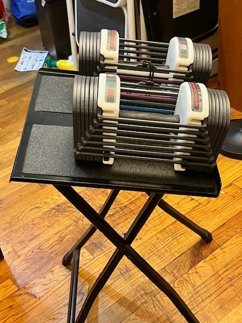 Powerblock adjustable dumbbell pair with folding stand