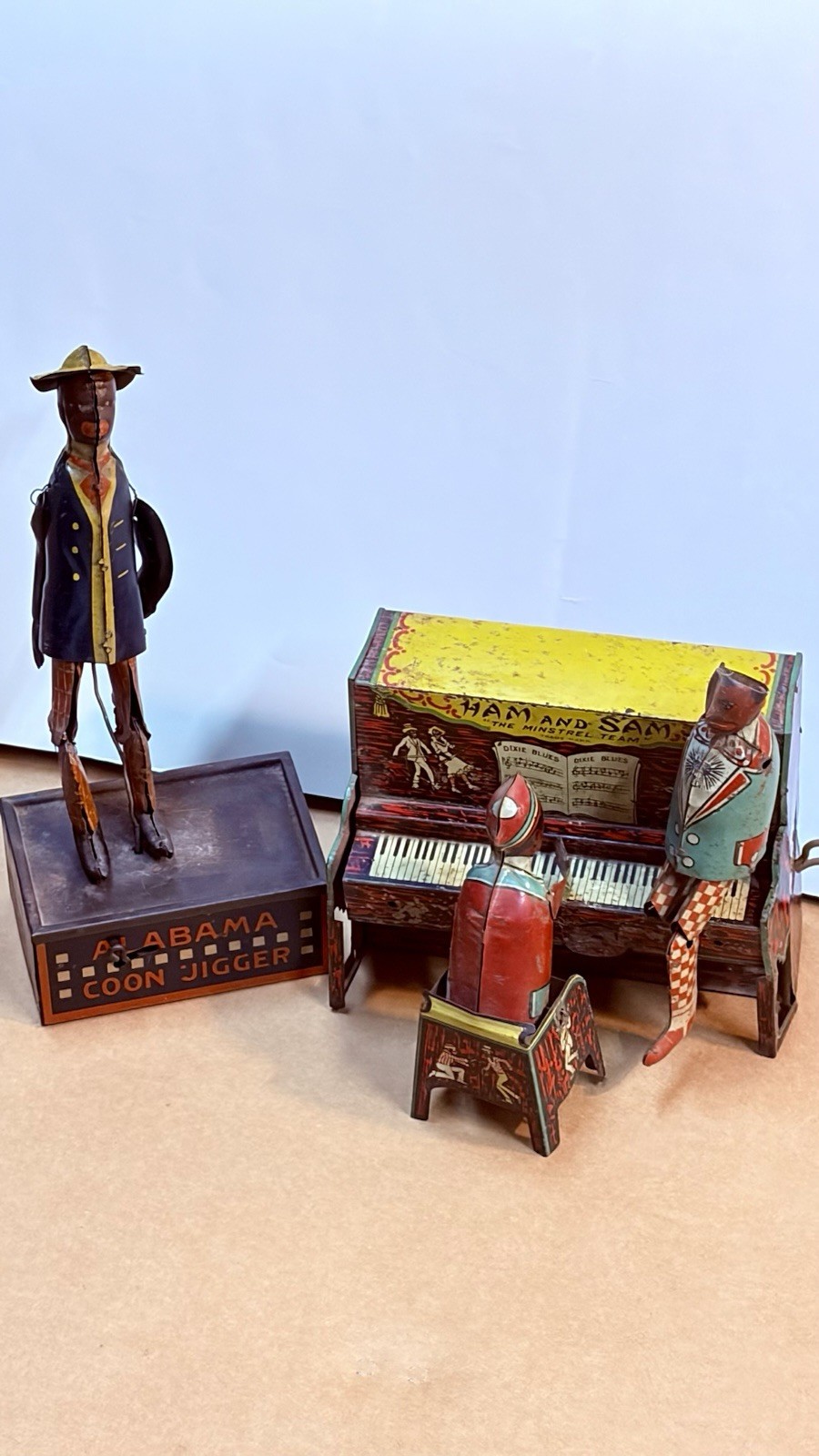 Set of 2 tin toys Ham and Sam The Minstrel Team & “TOMBO “Alabama Coon Jigger