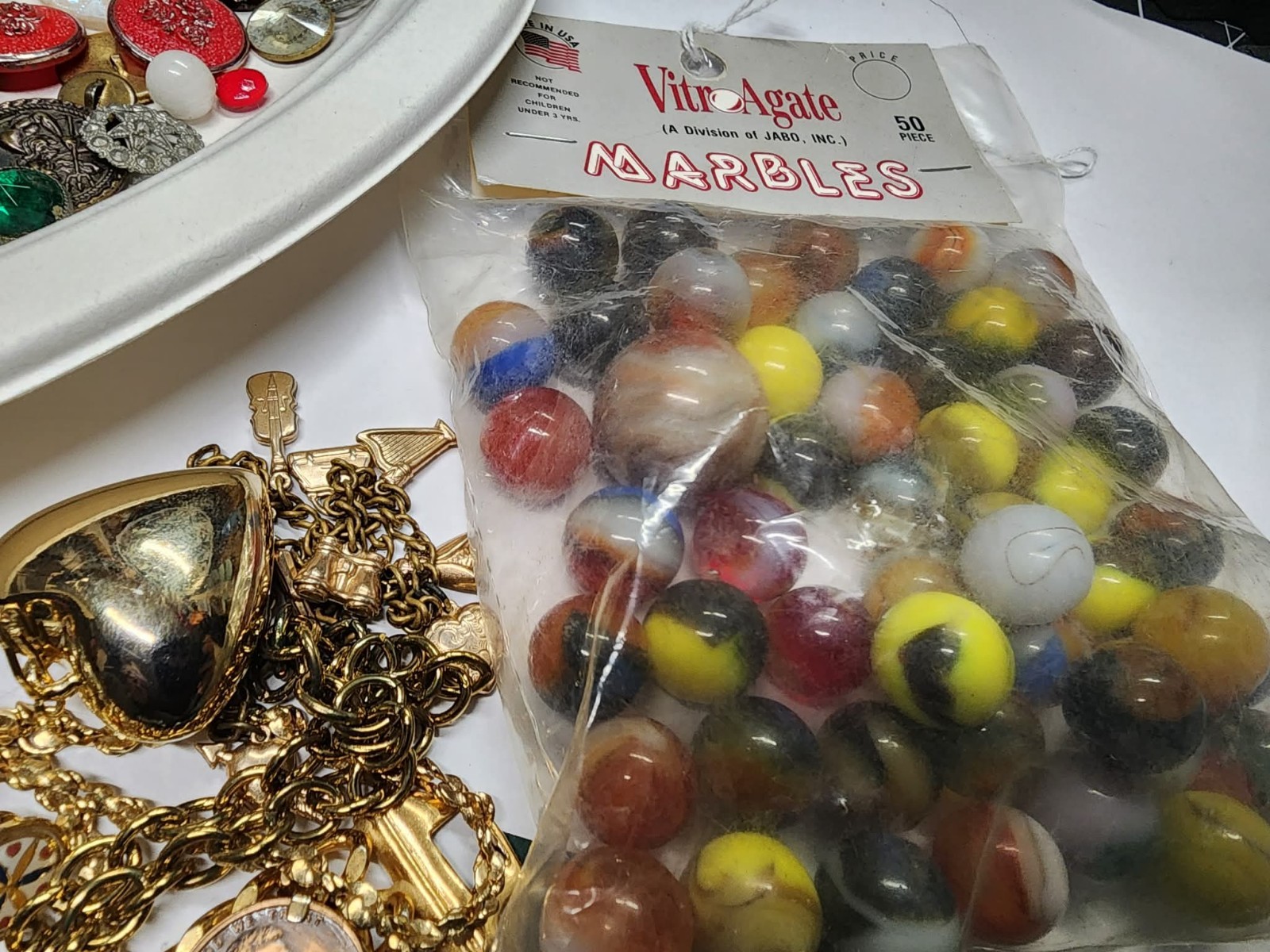 Junk Draw Lot , Antique Buttons , Marbles , Jewelry , Zuni