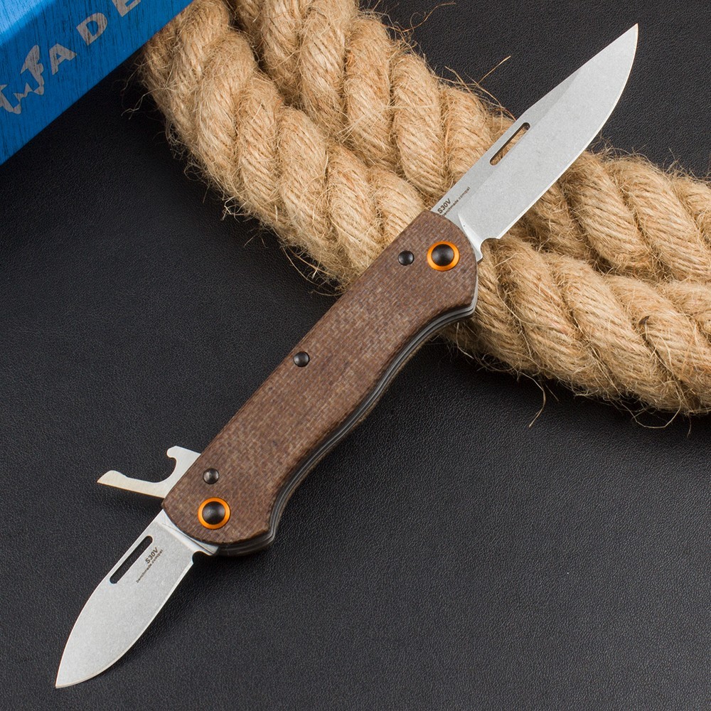 Multi Function Two Blade Camping Edc Small Pocket Folding Knife Micarta Handle