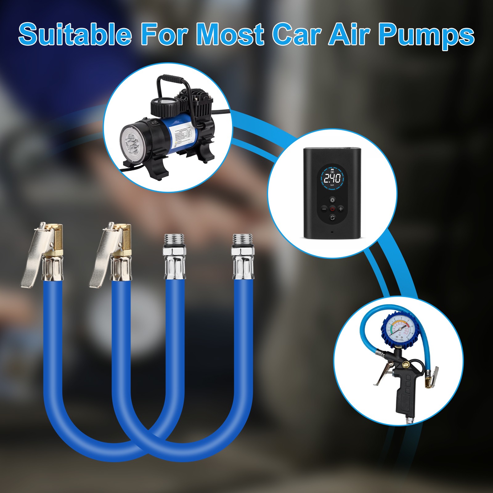 2 PCS Portable Tire Inflator Hose w/ Self-Locking Clamps for Most Car Air Pumps