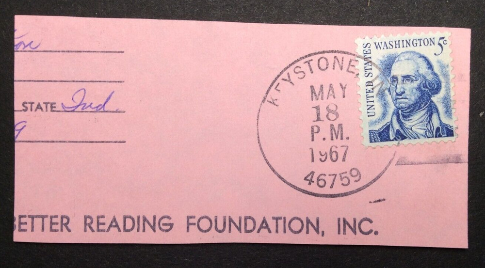 Keystone, IN May 18, 1967 - U.S. Postage Stamp Cut Postmark
