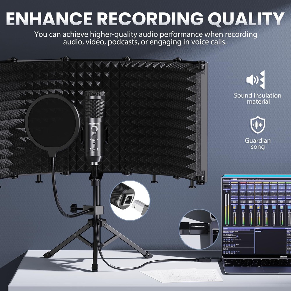 Riworal Studio Recording Microphone Isolation Shield with Pop Filter &Tri-Sta...