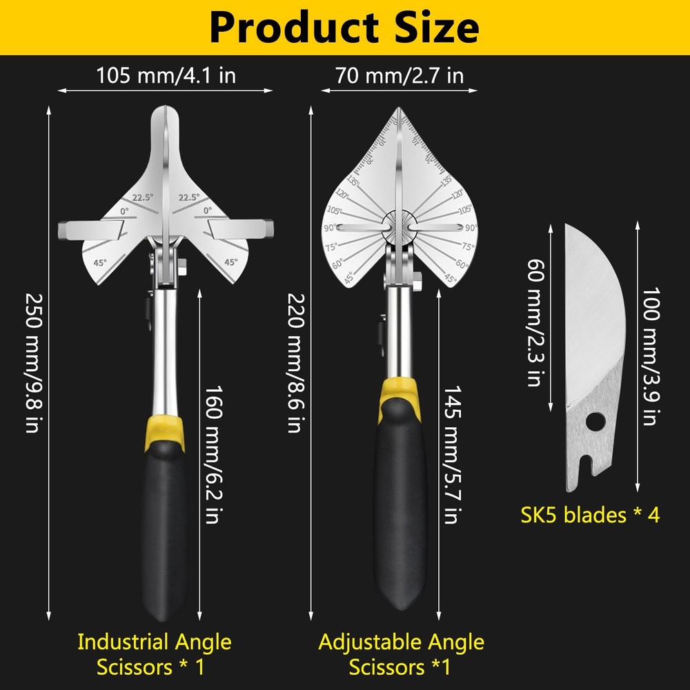 2 Pcs Miter Shears, Quarter Round Cutting Tool Adjustable at Black+yellow