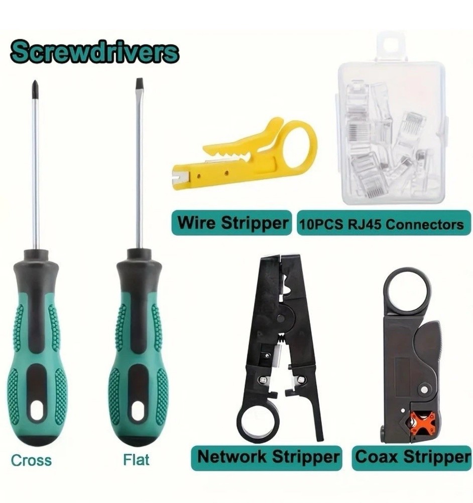 Network Tool Repair Kit -Crimper, Tester & Strippers for Ethernet Cable Work