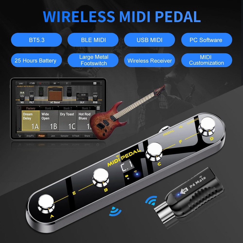 Wireless MIDI Foot Controller Pedal with MIDI Receiver, Bluetooth & USB MIDI ...