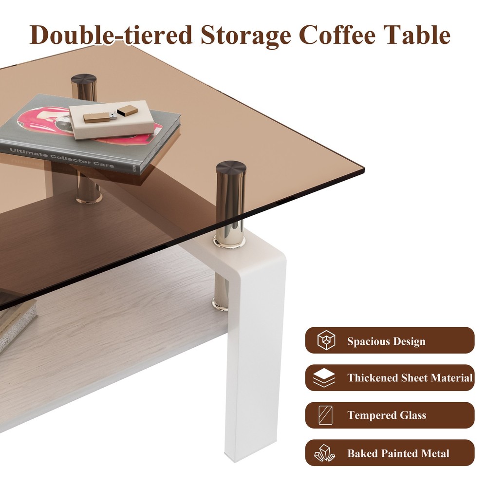 Rectangular coffee table with tempered glass tabletop featuring MDF layer