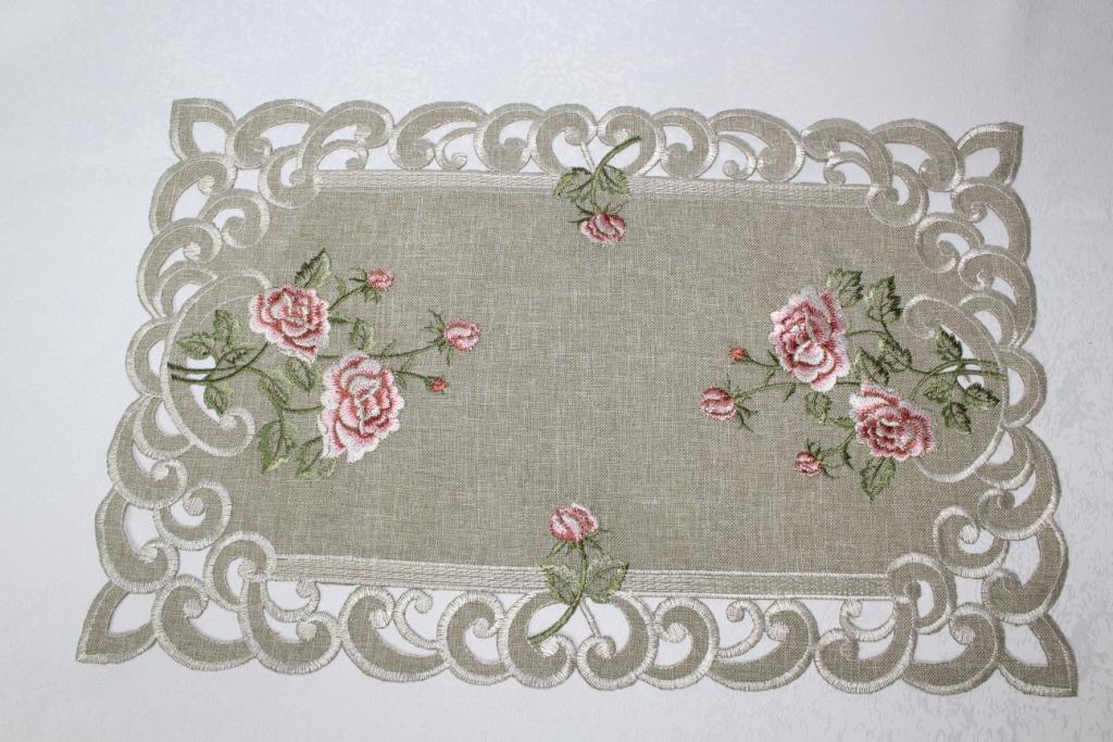Doily Boutique Table Runner, Doily, Mantel Scarf with Pink Rose on Green Burlap