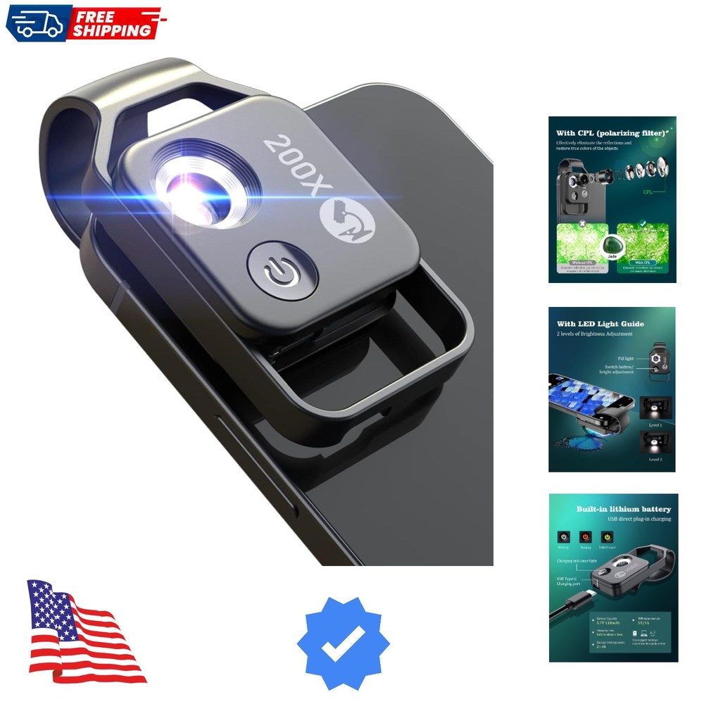 Phone Microscope with CPL Lens/LED Light, Nano Zoom 200X Pocket Microscope Ca...