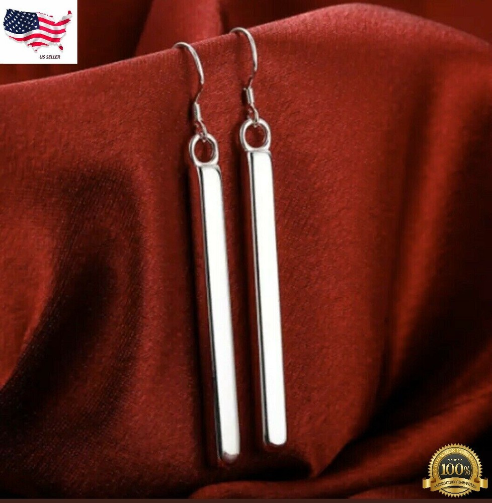 Women’s 925 Sterling Silver plated Vertical Solid Bar Drop Dangle Hook Earrings
