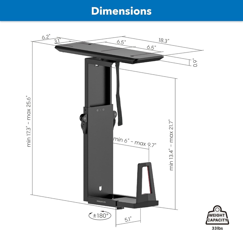 Mount-It! CPU Under Desk Mount Bracket Rack, Adjustable Computer Tower Black