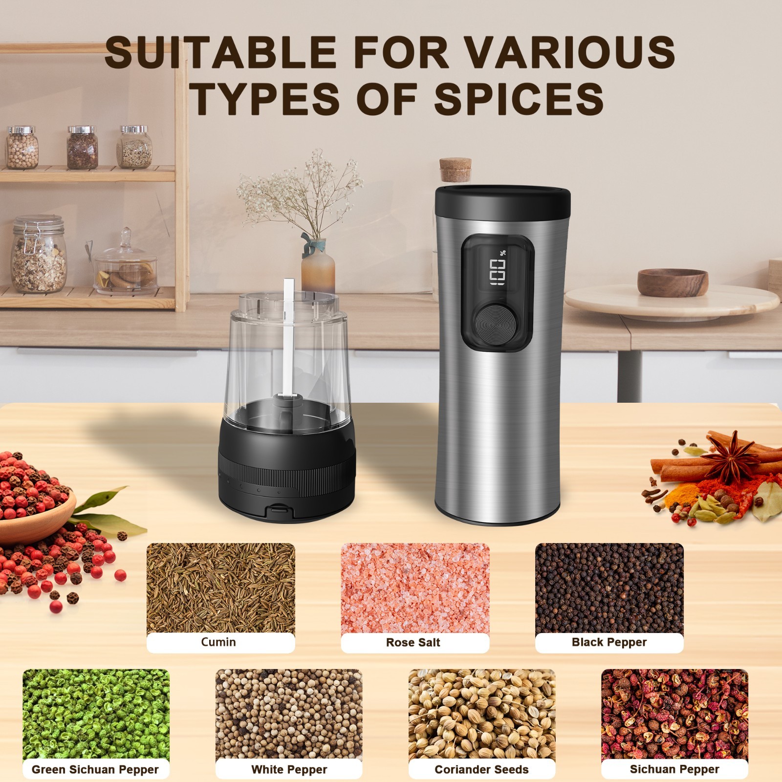 Electric Salt Pepper Grinder Set, Rechargeable Base, Adjustable Coarseness, 2PCS