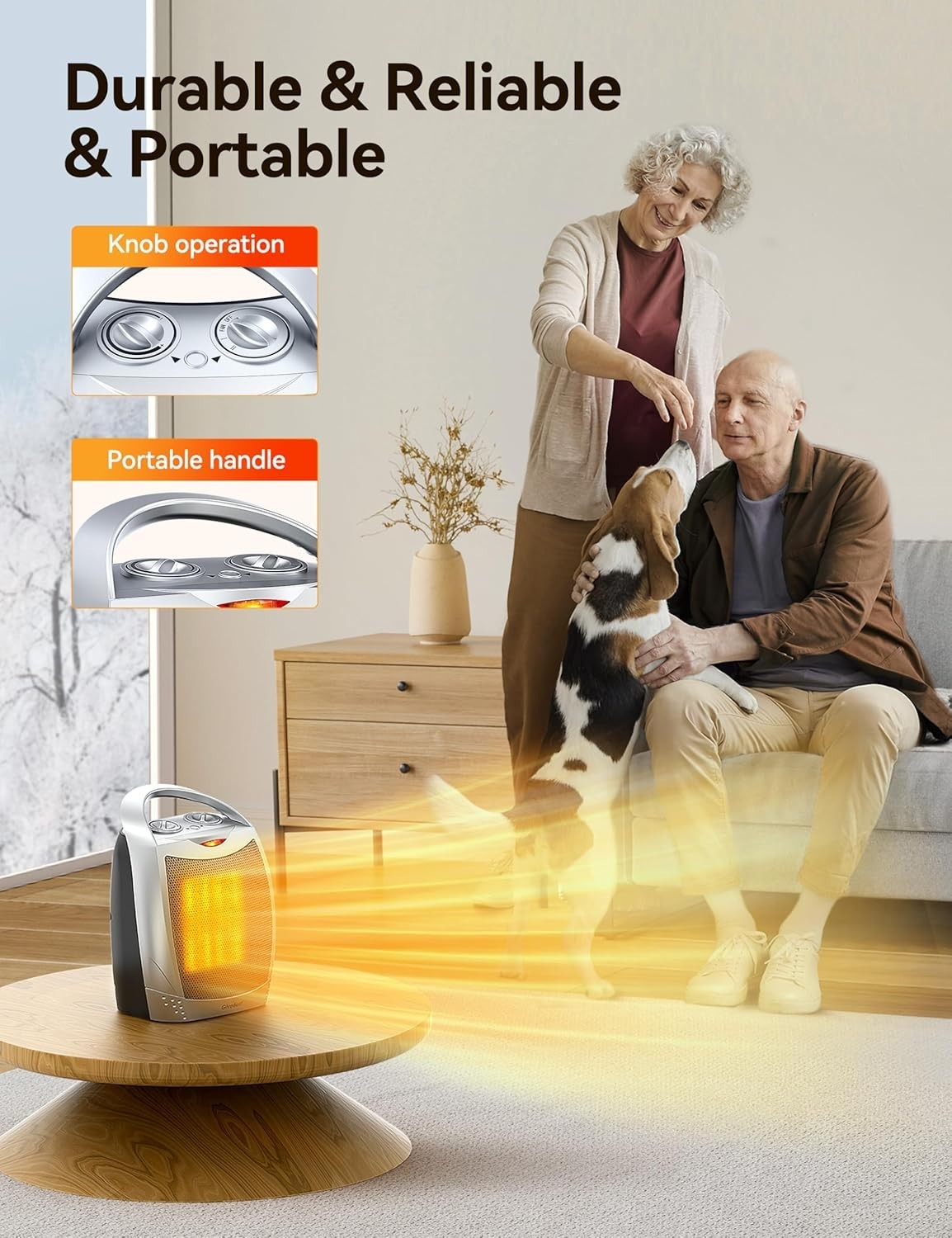 Portable Electric Space Heater with Thermostat, 1500W/750W Safe and Quiet Cerami