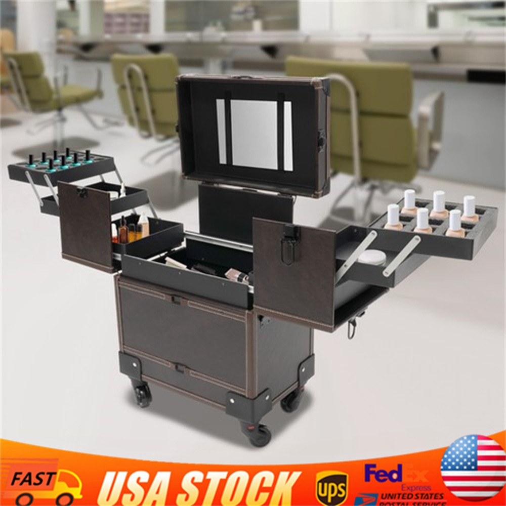 Rectangular Rolling Makeup Train Case Trolley Cosmetic Organizer Box with Mirror