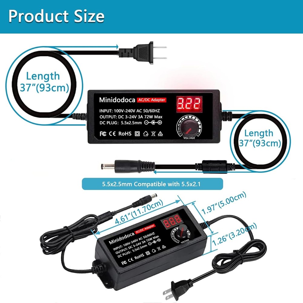 72W Power Supply Adjustable 3V ~ 24V Variable Universal Switching AC/DC...