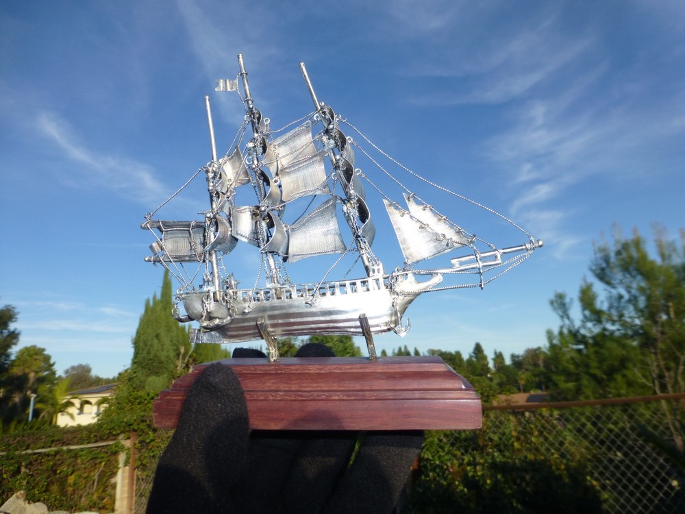 Vintage Sterling Silver Hand Made Sailing Ship Model on Black Walnut Base