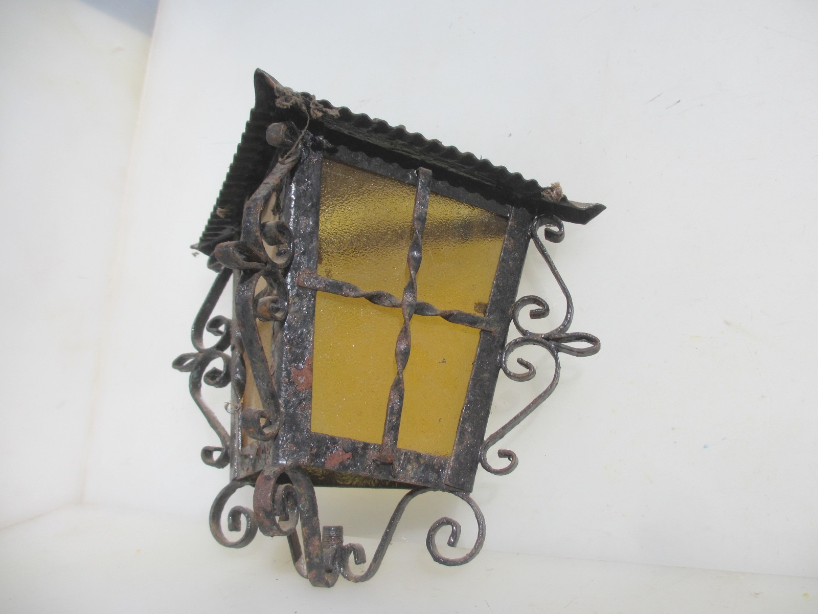 Vintage Wrought Iron Garden Light Shade Yellow Glass Antique Lantern