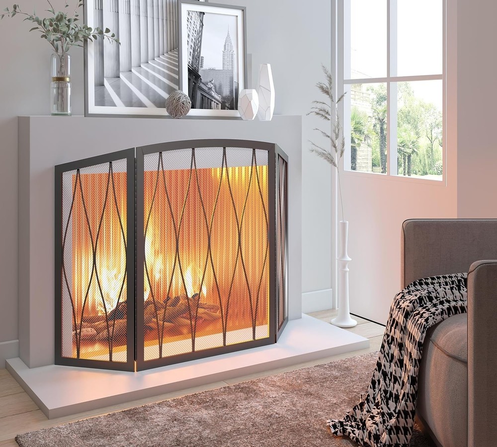 Childproof Fireplace Screen 3- Panel Modern Handcrafted Wrought Iron Foldable