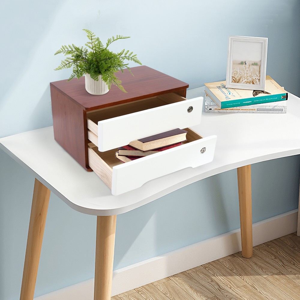 Wooden Desk Organizer with Lockable Drawer - 2-Tier Storage Solution