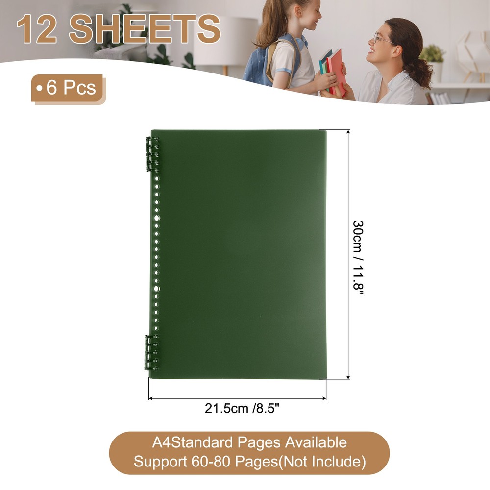12 Pack A4 22 Mil Plastic Notebook Binder Covers with Binding Comb, Dark Green