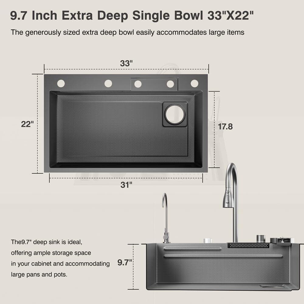 33x22 IN Flying Rain Stainless Steel Waterfall Kitchen Sink Digital Faucet Black