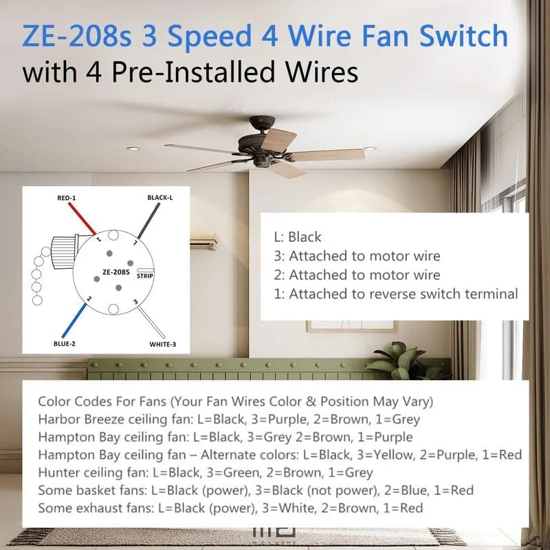 Ceiling Fan Switch ZE-208s E89885 - 3 Speed 4 Wire Fan Light Switch Replacement