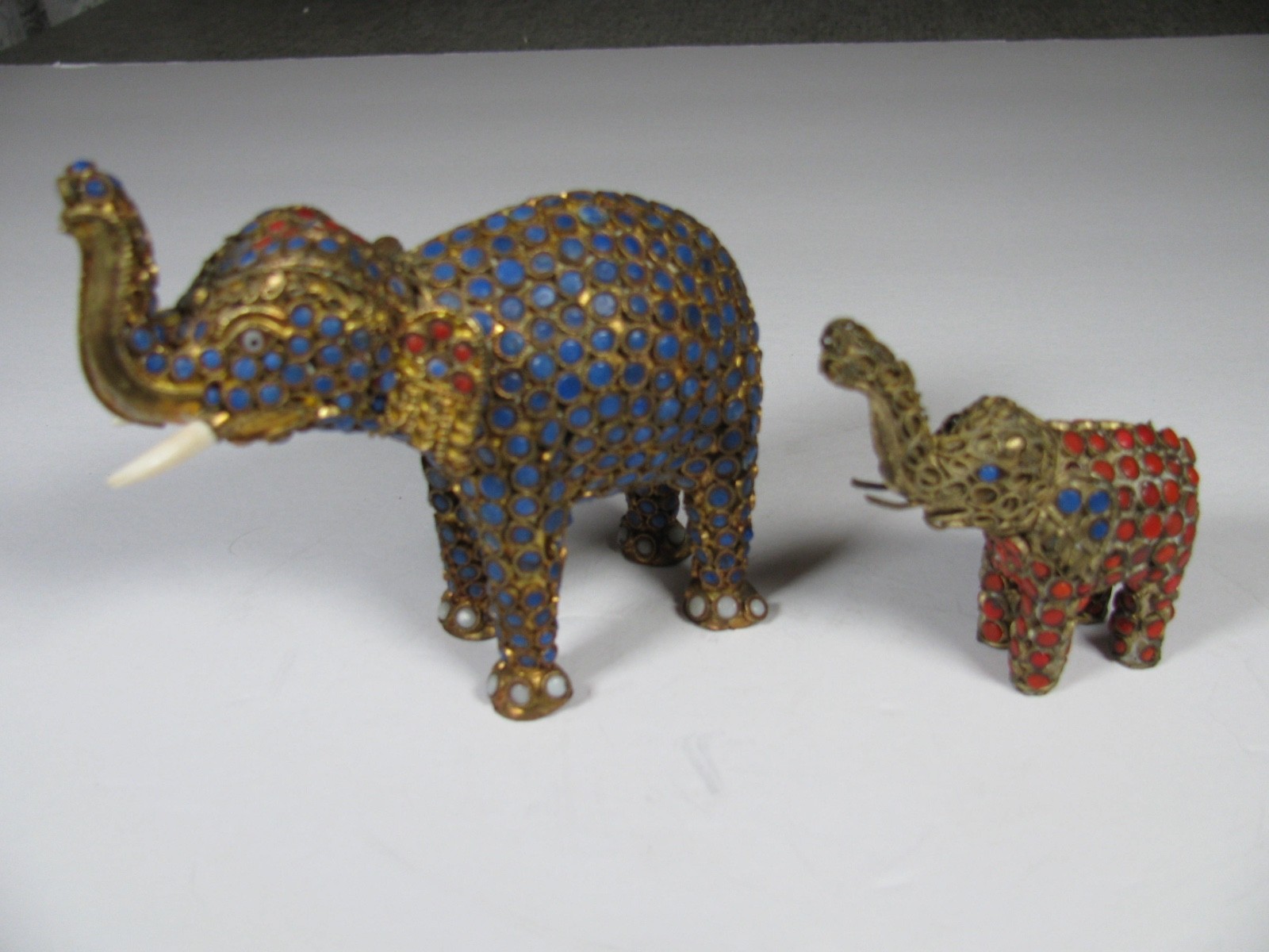 Lot 2 Vintag Tibet or Nepal Elephant Brass Lapis Coral Inlaid Filigree Figurine