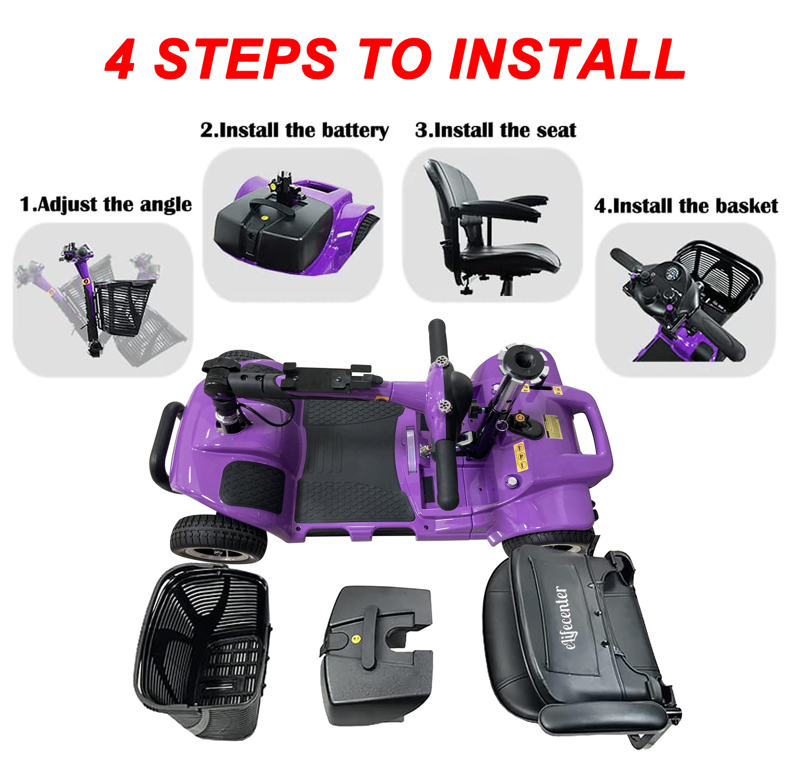 4 Wheel Mobility Scooter Folding Drive Device, Loading Capacity 265 lbs (Purple)