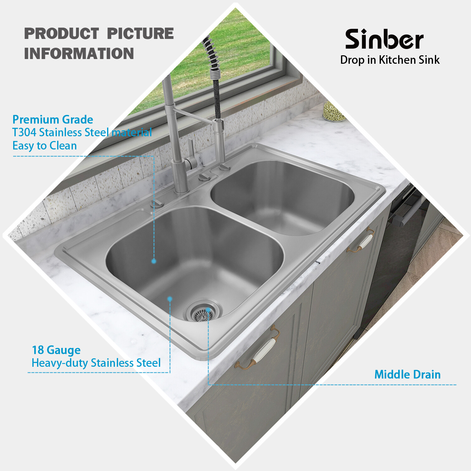 Sinber 33" Drop in Double Bowl Kitchen Sink with 304 Stainless Steel MT3322DE